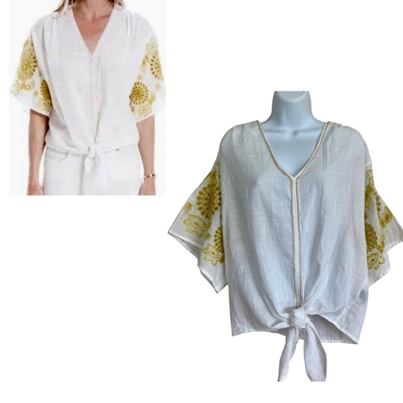 Max Edition White V-neck Blouse Size Medium Embroidered Boho Short Kimono Sleeve - Picture 1 of 14